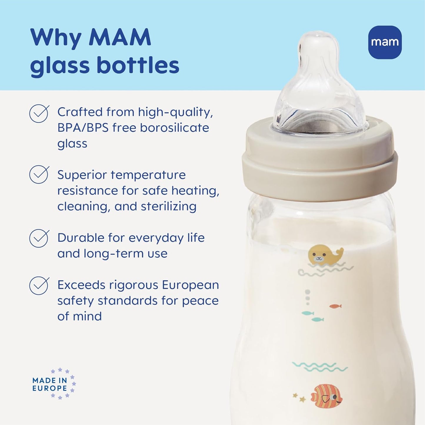 MAM 9oz Feel Good Pure Glass Anti-Colic Wide Neck Baby Bottle, Medium Flow Skin Soft Silicone Nipple, Easy to Clean, BPA Free, 2+ Months, Easy Switch Between Breast & Bottle, Made in Europe, 3 Pack