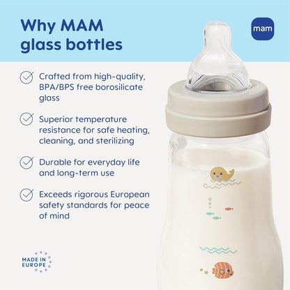 MAM 9oz Feel Good Pure Glass Anti-Colic Wide Neck Baby Bottle, Medium Flow Skin Soft Silicone Nipple, Easy to Clean, BPA Free, 2+ Months, Easy Switch Between Breast & Bottle, Made in Europe, 3 Pack