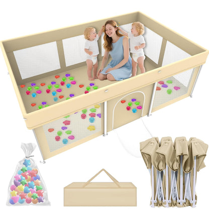 Foldable Large Baby Playpen 71"×71", Portable Playard for Babies & Toddlers, Lightweight Safety Baby Fence, No Installation, Indoor & Outdoor Playpen with 150 Ocean Balls, Beige