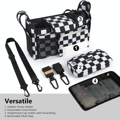 TOPDesign Universal Baby Stroller Organizer, Stroller Caddy with Detachable Mesh Bag & Heightened Insulated Cup Holders & Non-Slip Secure Hooks Accessories, Fits Most Strollers (Checkerboard) - Colors A