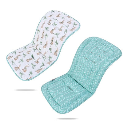 Baby Stroller Cushion,Infant Car Seat Insert-Reversible Universal Breathable and Soft Newborn Stroller Mat,100% Cotton Cover Toddler Seat Pad Liner-34x78cm,1 Pack(Rabbit+Green)