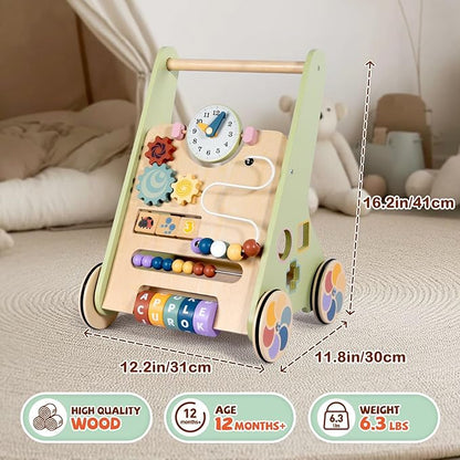 BAUTIA Wooden Baby Walker for 12 Months, Montessori Walker Push Toy for Toddlers Learning to Walk, Push Walker Baby Activity Center for Boys and Girls