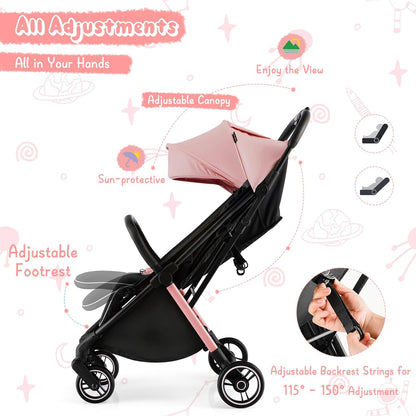 HONEY JOY Lightweight Baby Stroller, Compact Travel Stroller for Airplane, Fits Airplane Cabin & Overhead, One-Hand Gravity Fold, Self-Standing Toddler Stroller w/Adjustable Backrest/Canopy(Pink)