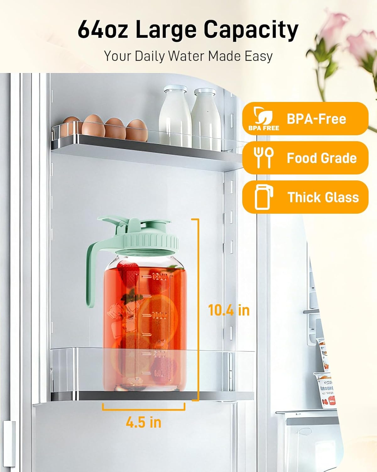 OneDream Breast Milk Pitcher 32oz Glass Pitcher with Lid, Formula Pitcher Leakproof Drip-Free Spout, Wide Mouth Mason Jar Pitcher for Easy Pouring, Dishwasher Safe Breastmilk Storage Pitcher