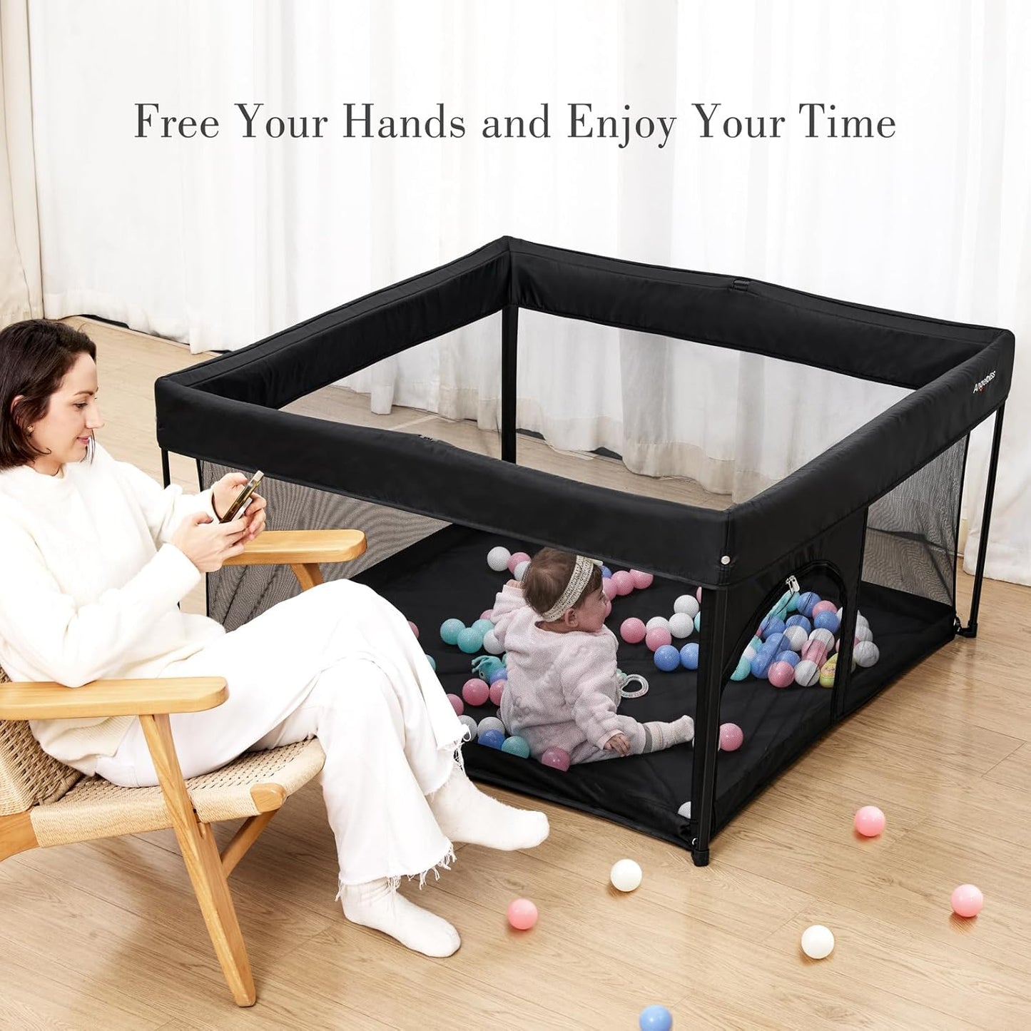 ANGELBLISS 50x50 Foldable Baby Playpen with Carrying Bag & Safety Lock - ASTM F406 Certified Baby Fence for Indoor/Outdoor, Lightweight Portable Play Yard with Breathable Mesh (Black)