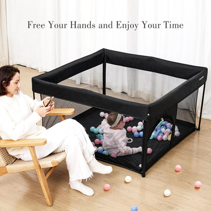ANGELBLISS 50x50 Foldable Baby Playpen with Carrying Bag & Safety Lock - ASTM F406 Certified Baby Fence for Indoor/Outdoor, Lightweight Portable Play Yard with Breathable Mesh (Black)