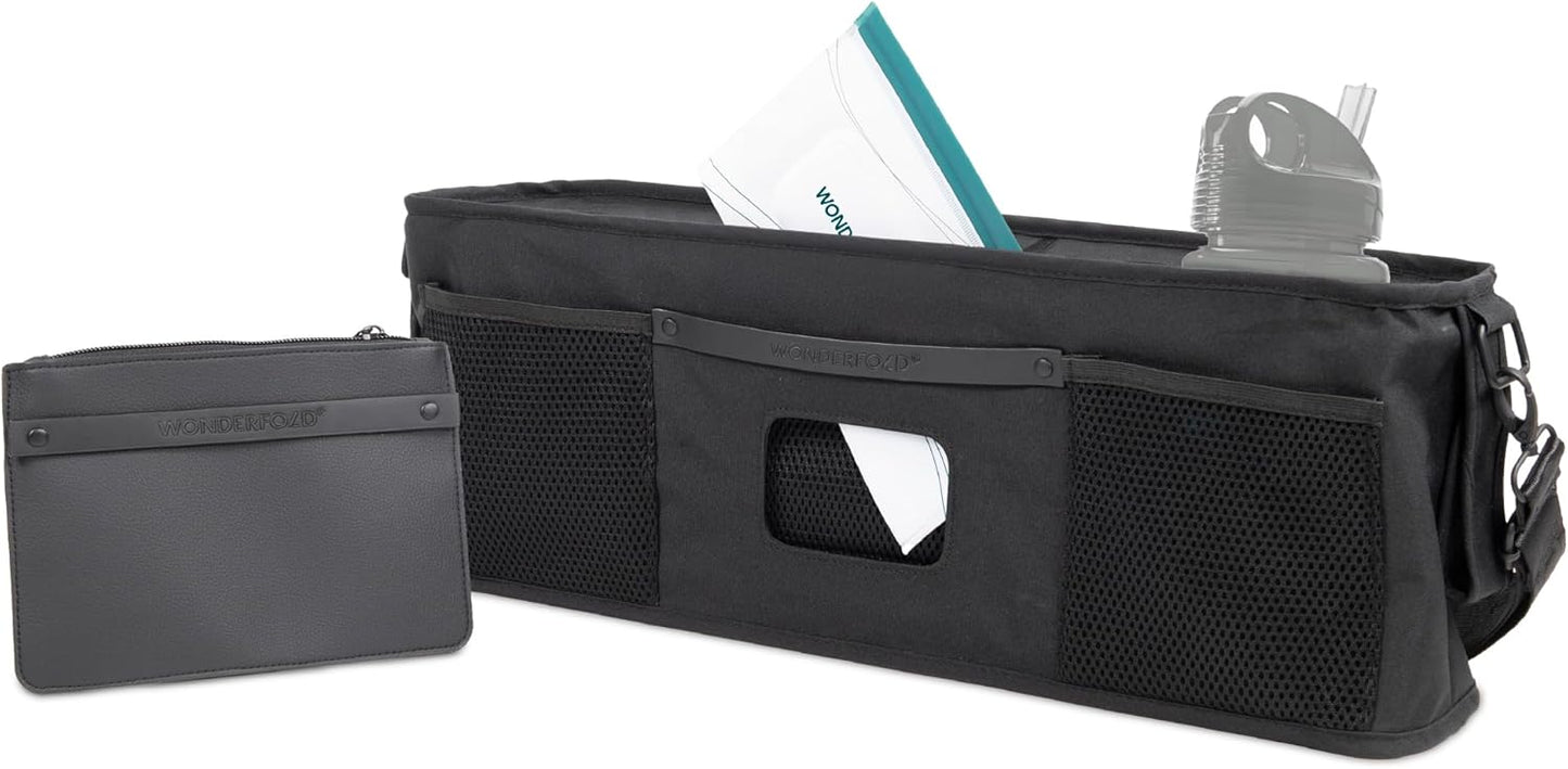 WONDERFOLD Universal Parent Console Stroller Organizer with Insulated Cup Holders, Hook & Loop Closure Handle Attachment, 2 Storage Pockets, Removable Shoulder Strap for Easy Transport