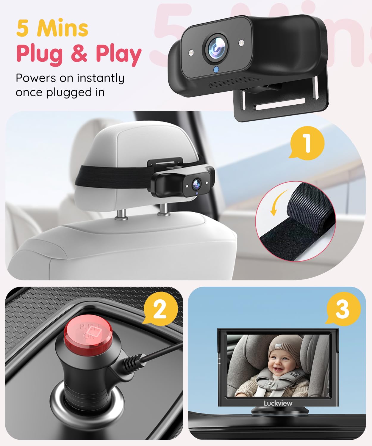 LUCKVIEW BM1 Baby Car Camera for Back Seat & Pet Monitoring, 5'' 1080P Monitor with IR Night Vision, 3X Zoom, Crystal Clear View, Easy 5-Min Wired Installation for Peace of Mind