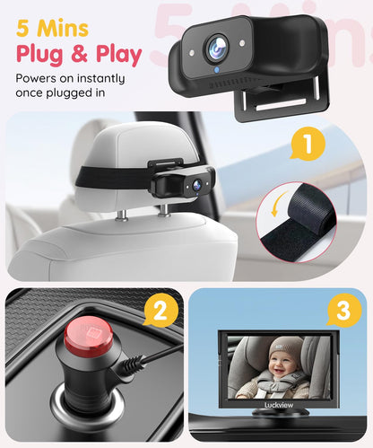 LUCKVIEW BM1 Baby Car Camera for Back Seat & Pet Monitoring, 5'' 1080P Monitor with IR Night Vision, 3X Zoom, Crystal Clear View, Easy 5-Min Wired Installation for Peace of Mind