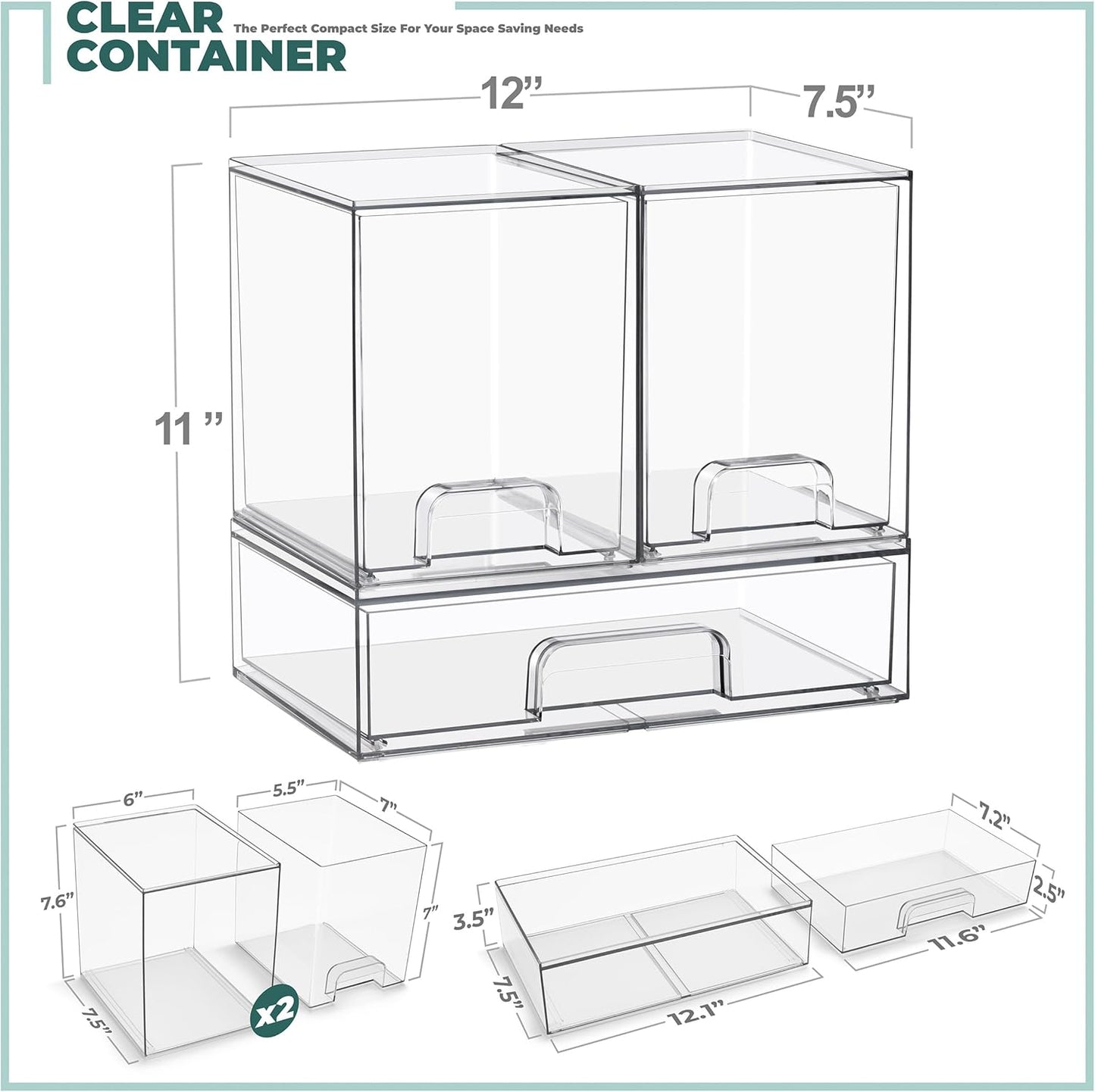 Sorbus Stackable Acrylic Storage Drawers – 2 Small + 2 Tall + 1 Wide – 5 Pack Clear Plastic Organizer Bins for Baby Bottles, Makeup, Bathroom & Vanity, Pull-Out Drawer Design for Kitchen Cabinets