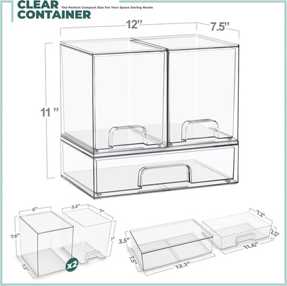 Sorbus Stackable Acrylic Storage Drawers – 2 Small + 2 Tall + 1 Wide – 5 Pack Clear Plastic Organizer Bins for Baby Bottles, Makeup, Bathroom & Vanity, Pull-Out Drawer Design for Kitchen Cabinets