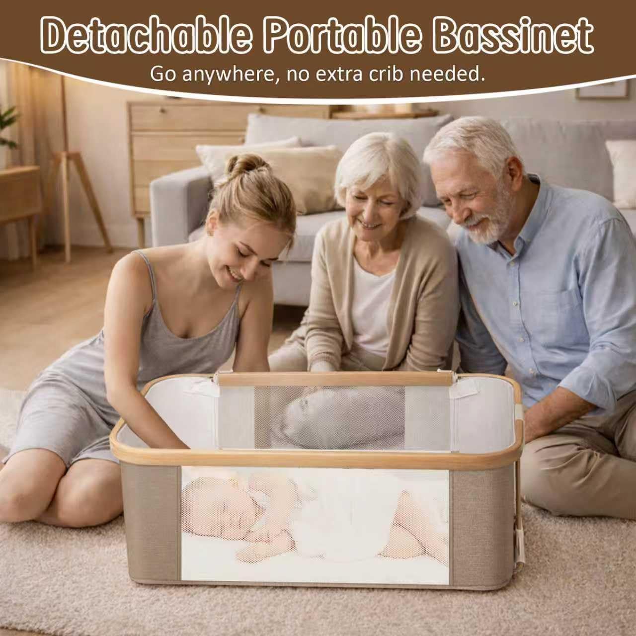 Rocking Baby Bassinet Bedside Sleeper, Detachable Portable Bassinet & Adjustable Crib with 8 Heights, Breathable Mesh, Storage Basket & Mobile Toy for Newborns to Toddlers(Oatmeal)
