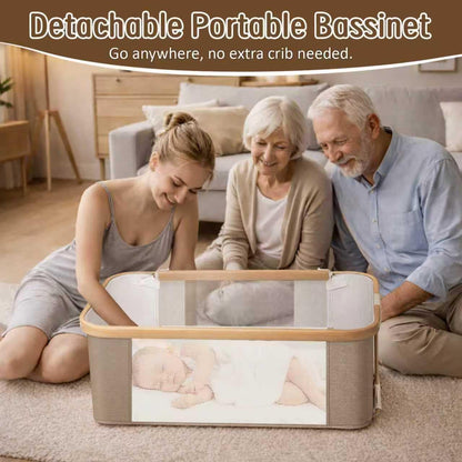 Rocking Baby Bassinet Bedside Sleeper, Detachable Portable Bassinet & Adjustable Crib with 8 Heights, Breathable Mesh, Storage Basket & Mobile Toy for Newborns to Toddlers(Oatmeal)
