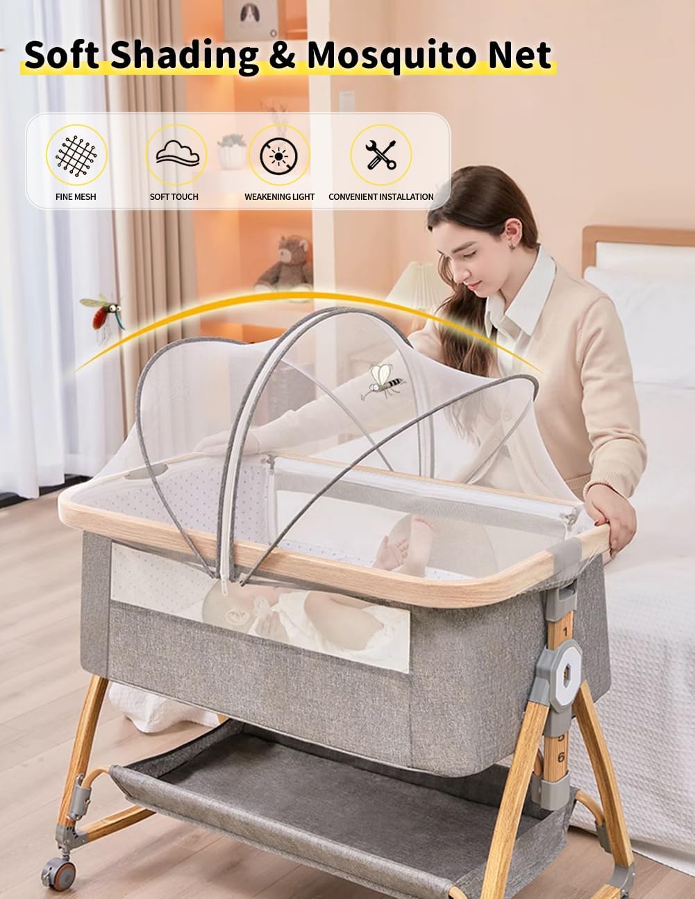 Baby Bassinet, Bedside Bassinet for Baby, 4 in 1 Portable Bassinet Bedside Sleeper with Wheels Mosquito Net & Storage Basket, 6 Height Adjustable Rocking Bassinet for Newborn Baby