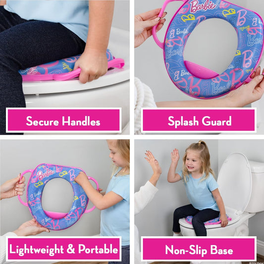 Barbie™ Soft Potty Training Seat for Toilet with Storage Hook, Cushioned Non-Slip Potty Ring with Splash Guard, Built-in Handles for Toddlers, Pink & Blue Barbie Theme