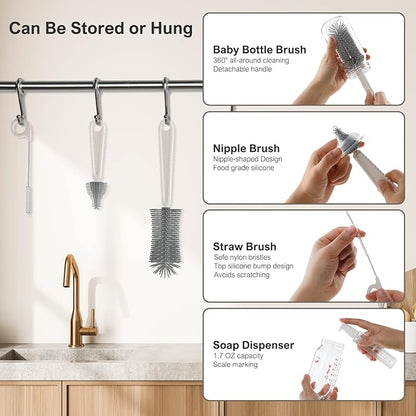 Baby Bottle Brush,6 in 1 Bottle Cleaner Set with Extendable Silicone Bottle Brush,Drying Rack,Nipple & Straw Brushes,Soap Dispenser & Organizer Case,Ideal Gifts for Babies& Moms