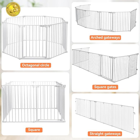 COMOMY 198" Baby Gate Extra Wide, Dog Gate Pet Gate for House Stairs Doorways Fireplace, Adjustable 3 in 1 Play Yard Child Safety Gate, Auto Close, Hardware Mounted (30" Tall, White)