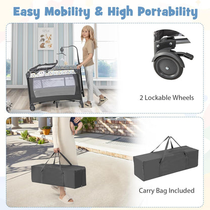 HONEY JOY Pack and Play, 4 in 1 Portable Baby Playard with Bassinet, Changing Table, Lockable Wheels, Music Box, Foldable Travel Baby Crib Nursery Center from Newborn to Toddler (Dark)