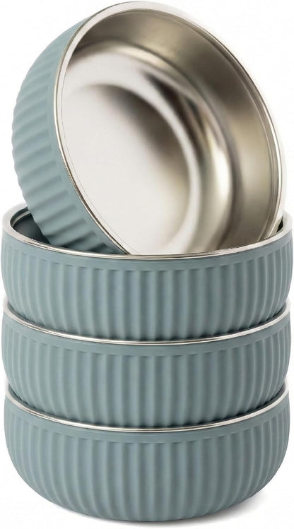 Monkey Proof™ Non-Toxic Stainless Steel Child Bowl 5” with Non-Slip Grooved Silicone Shell, (Set of 4 bowls) Unbreakable, Mess Free Feeding for Babies, Toddlers, Kids, BPA free (Stormy Sky Grooved)