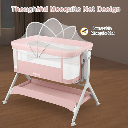INFANS 5 in 1 Baby Bassinet, Upgraded Rocking Bedside Sleeper with Wheels, Storage Basket, Travel Bag, Mosquito Net, Height Adjustable, Portable All Mesh Crib for Newborn/Infant (Pink)