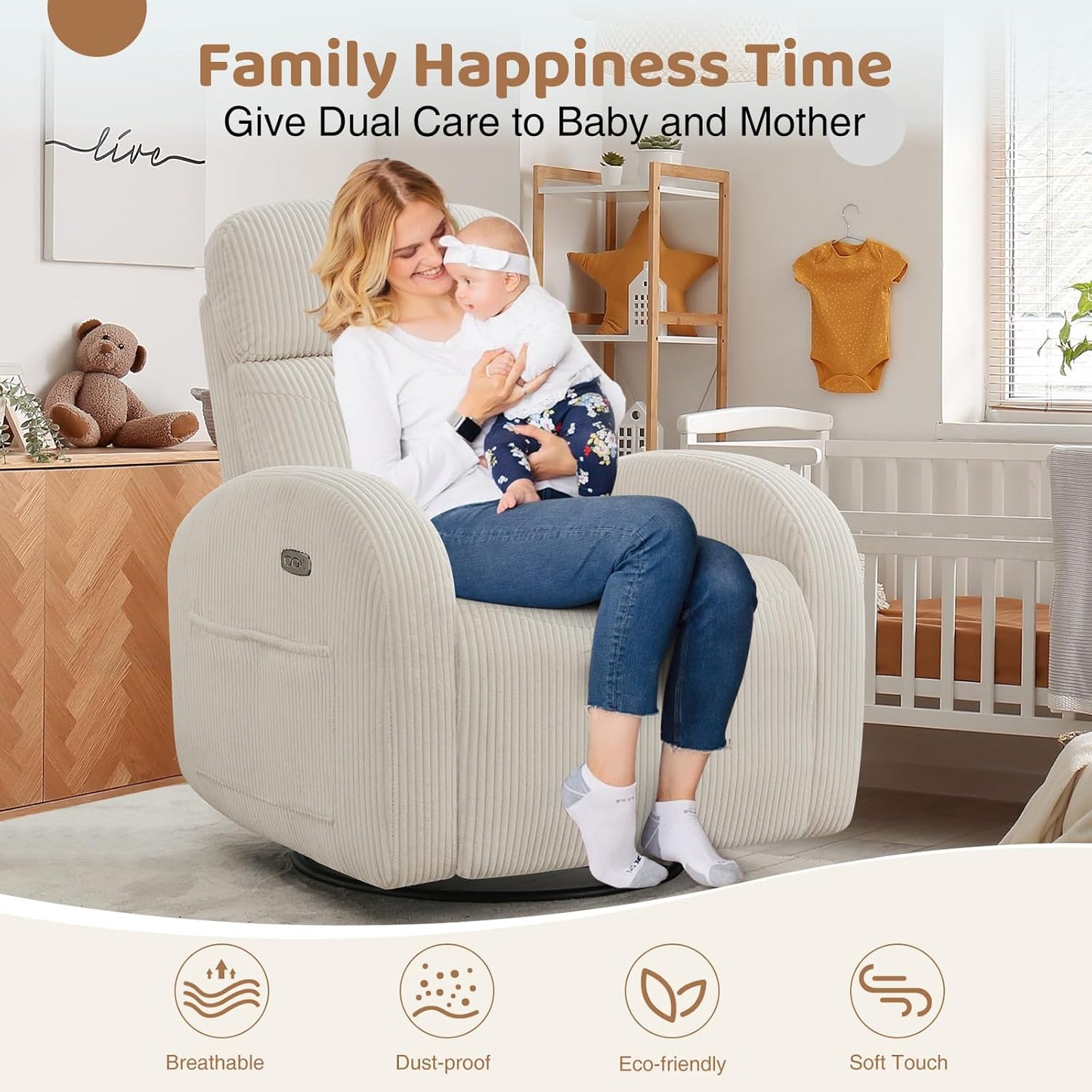 Swivel Rocker Recliner Chair, Rocking Recliner for Nursery with Side Pockets, Manual Swivel Reclining Nursery Glider Chair for Breastfeeding Living Room, Camel Chenille