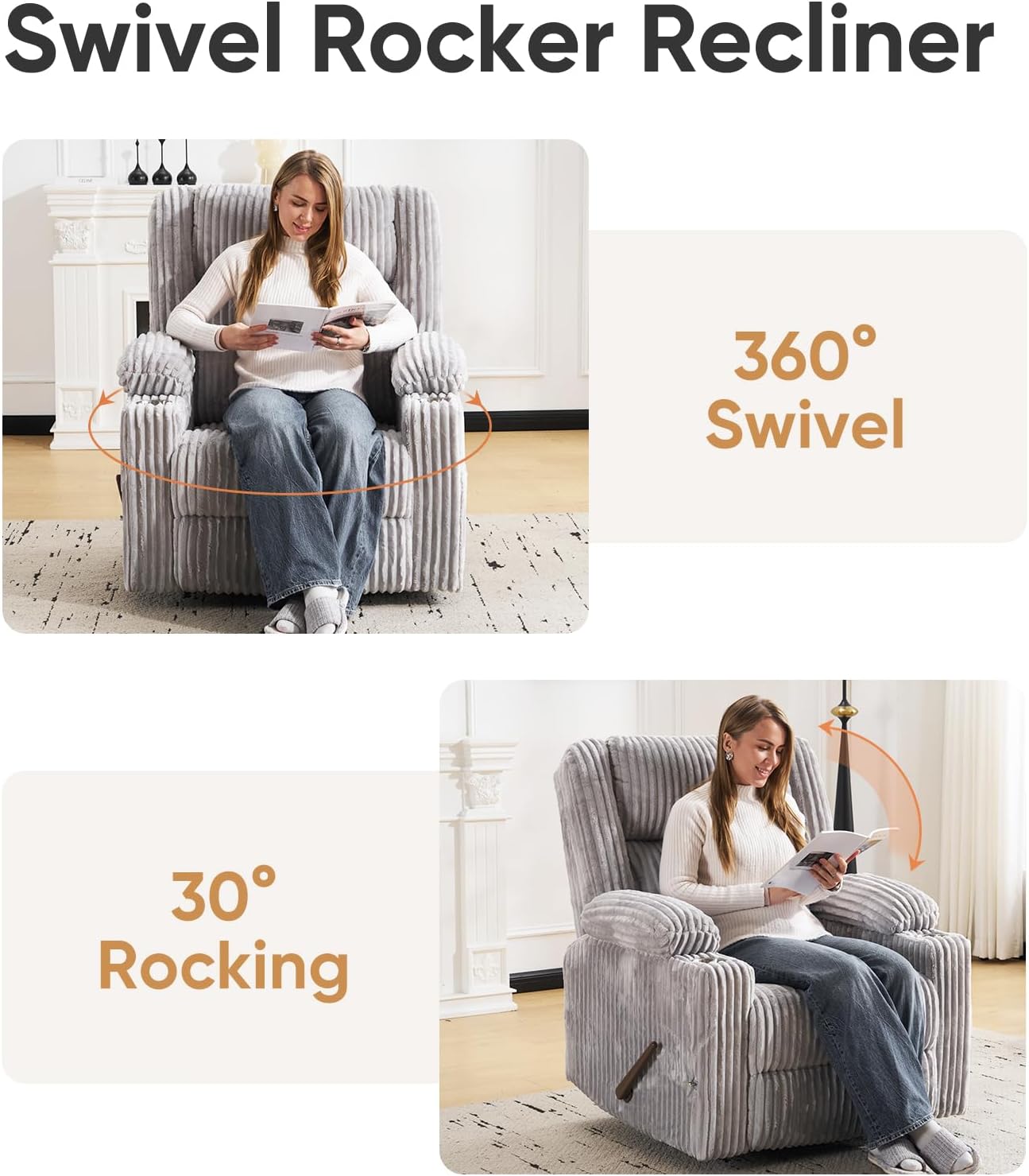 Oversized Power Recliner Chair with Massage and Heat, Swivel Rocker Recliner Chair for Adults with Arm Storage, Nursery Glider Recliner with Adjustable Headrest and Phone Stand, Side Pockets, Beige