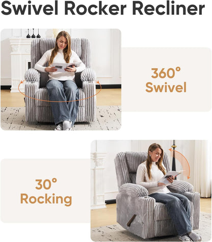 Oversized Power Recliner Chair with Massage and Heat, Swivel Rocker Recliner Chair for Adults with Arm Storage, Nursery Glider Recliner with Adjustable Headrest and Phone Stand, Side Pockets, Beige