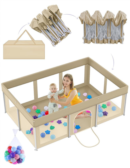 Foldable Baby Playpen 50"×50", Playard for Babies and Toddlers, Portable Safety Baby Fence Lightweight,No Installation, Indoor & Outdoor Playpen with Ocean Balls*50, Grey