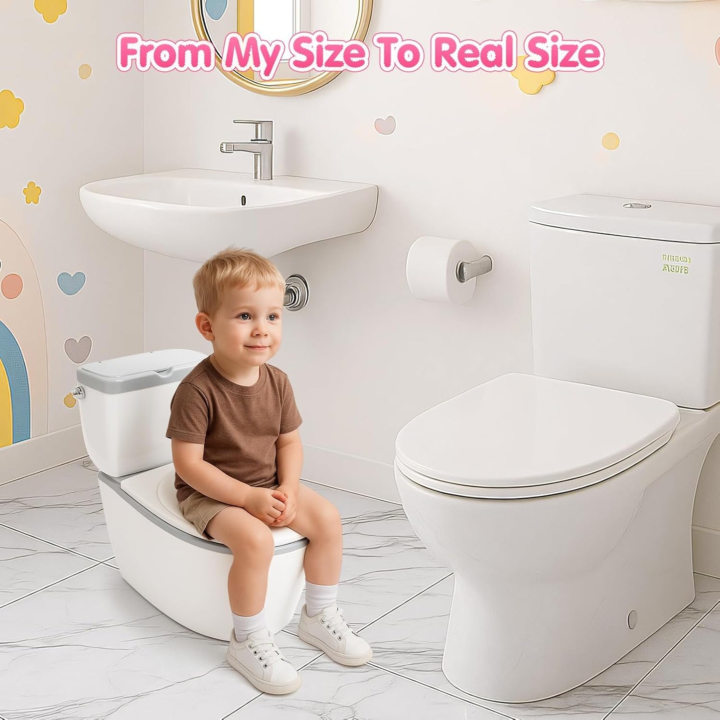 TOSGN 3-in-1 Toddler Potty Training Toilet, for Ages 6 Months+, Realistic Potty Training Seat with Flushing Sound, Wipes Storage, Toilet Paper Holder