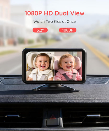 LUCKVIEW BM2 PRO Dual Baby Car Camera, 5.2" 1080P HD Display for Rear-Facing Car Seats, IR Night Vision, Anti-Shake Mount, Easy Install – Ideal for Parents with 2 Kids and Pets (Blue)
