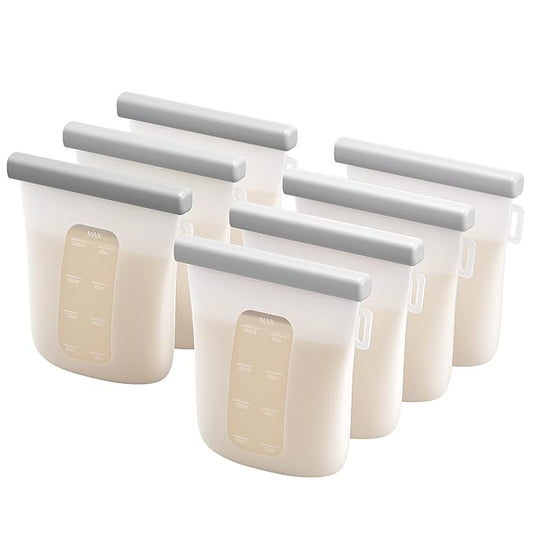 Nuliie 7 Pcs Silicone Breastmilk Storage Bags Reusable, 8oz/240ml Double Leak-Proof Breastmilk Freezer Bags, BPA Free Self-Standing Milk Bags for Breastfeeding, Baby Food Pouches