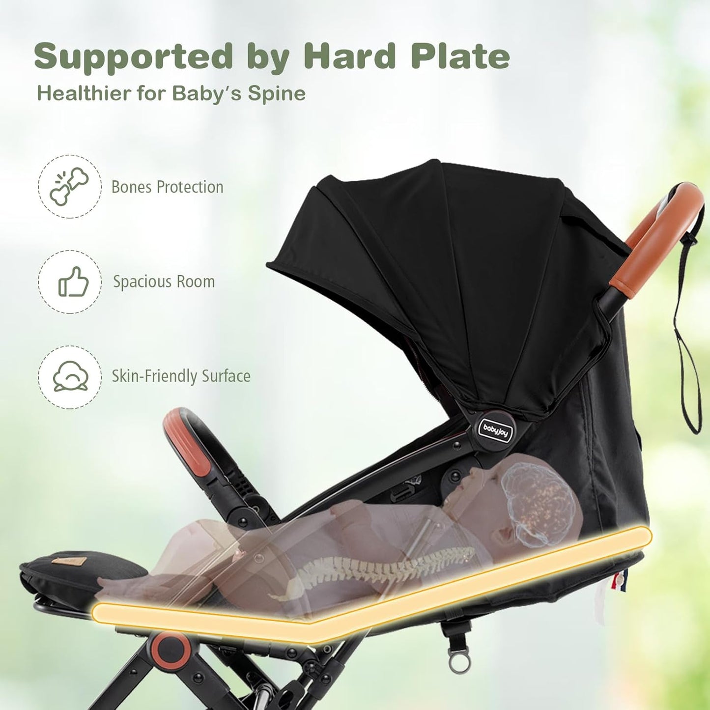 HOMGX Lightweight Baby Stroller, Compact Travel Stroller w/Ergonomic Seat, Spacious Basket, Adjustable Backrest, Oversized Canopy, Infant & Toddler Umbrella Stroller for Airplane, Travel (Black)