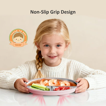 Bakpoco Stainless Steel Toddler Plate with Suction, 9” Divided Plates with Removable Silicone Sleeves for Kids, Non Toxic & BPA Free | Non Slip | Unbreakable Baby Snack Dishes Set of 2, Blue & Gray