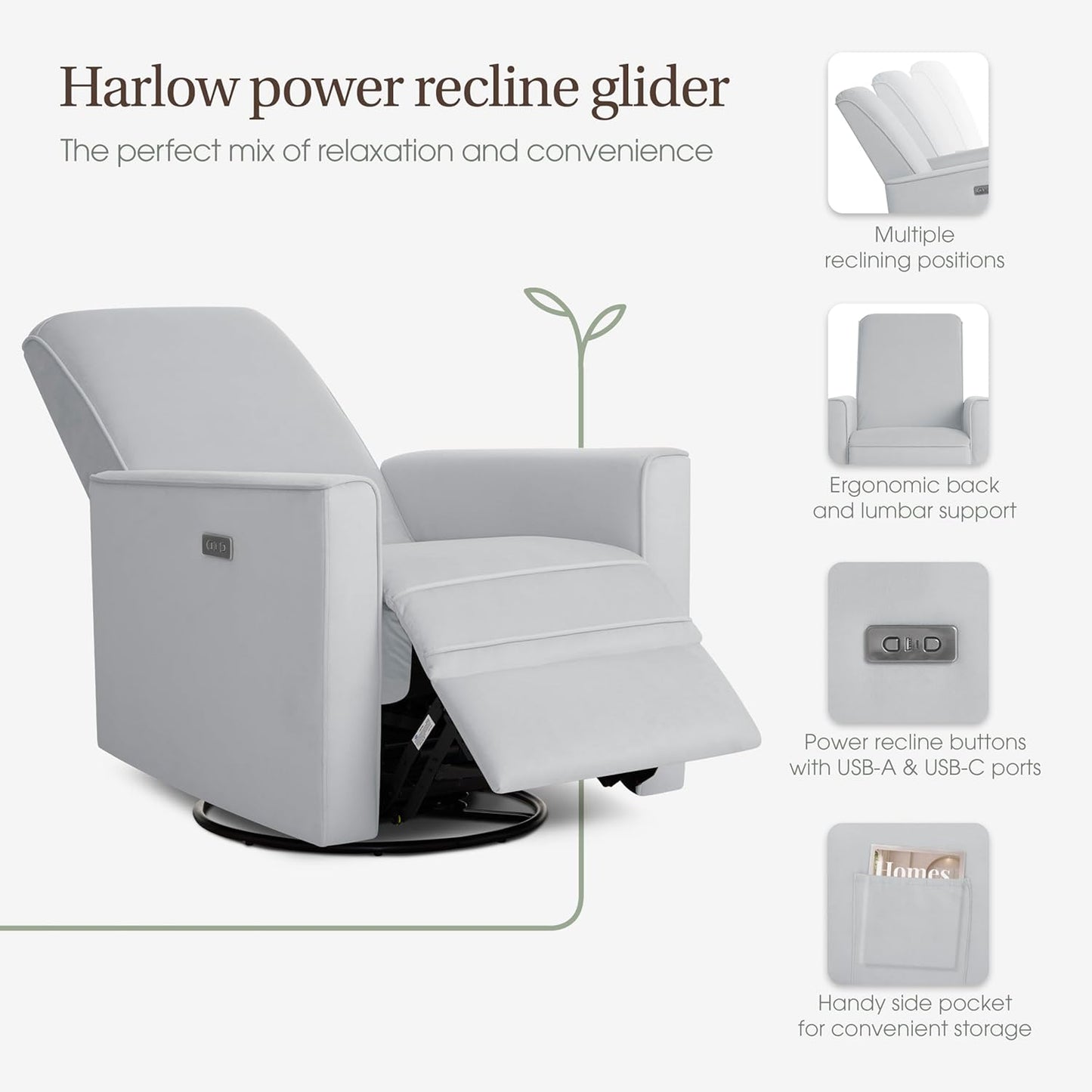 Evolur Harlow Upholstered Power Glider Recliner with USB Charging – Rocking & 275° Swivel with Smooth Glide – Greenguard Gold & FSC Certified – Modern Nursery and Living Room Chair in Light Sand
