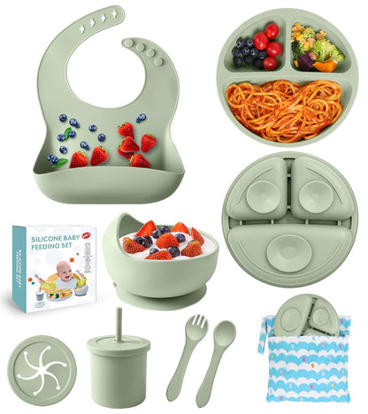 Silicone Baby Feeding Set, 10 Pcs Baby Led Weaning Supplies Baby Eating Essentials Set with Suction Bowl Divided Plate Adjustable Bib Soft Spoon Fork Cup with Lid Drinking Cup, Travel Bag (Blue)
