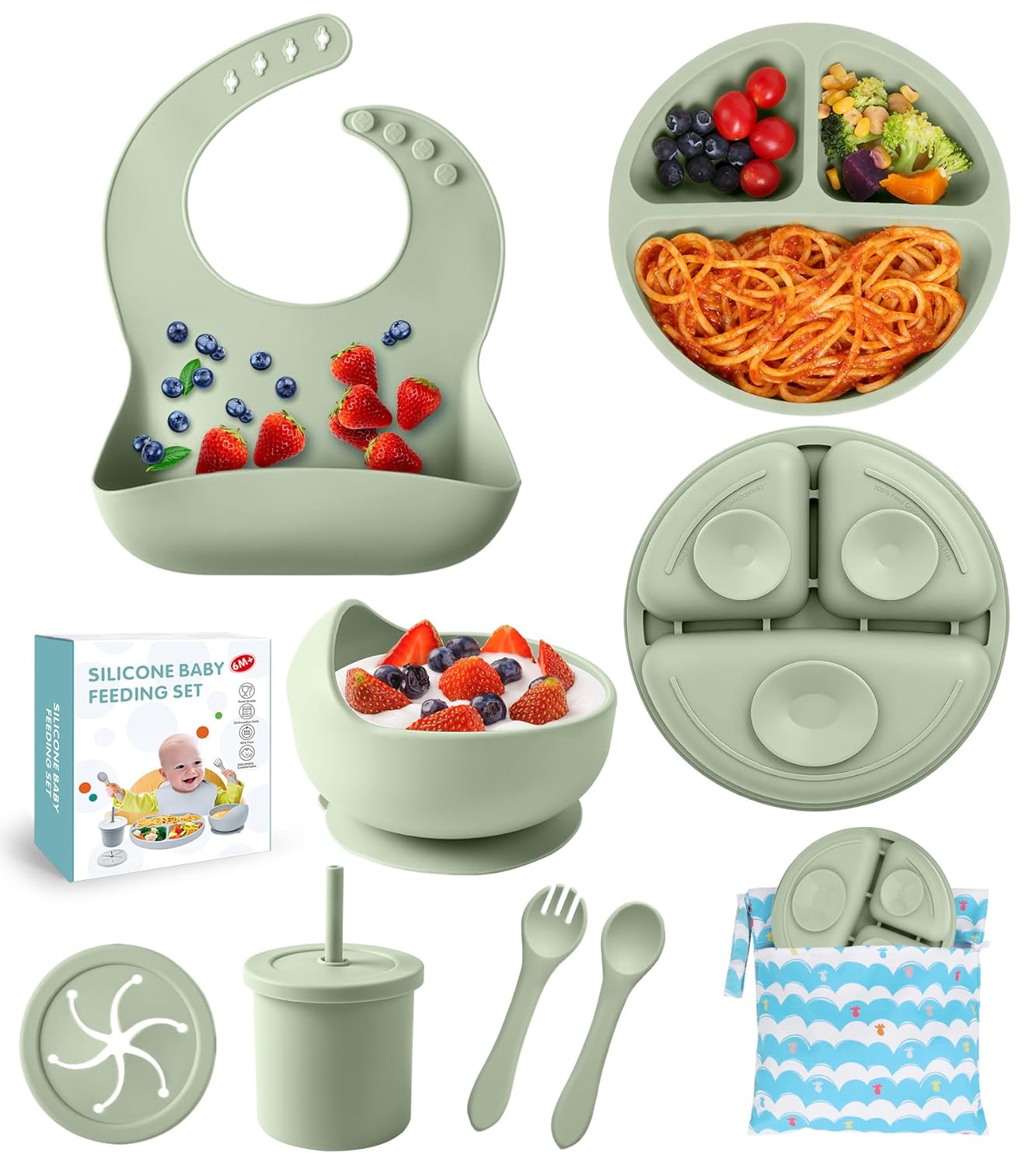 Silicone Baby Feeding Set, 10 Pcs Baby Led Weaning Supplies Baby Eating Essentials Set with Suction Bowl Divided Plate Adjustable Bib Soft Spoon Fork Cup with Lid Drinking Cup, Travel Bag (Blue)