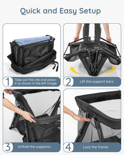 Lilian&Gema 2-in-1 Travel Crib, Portable & Foldable Crib with Backpack, Lightweight Baby Travel Playpen with Thick Mattress for Babies & Toddlers, Baby Travel Essential