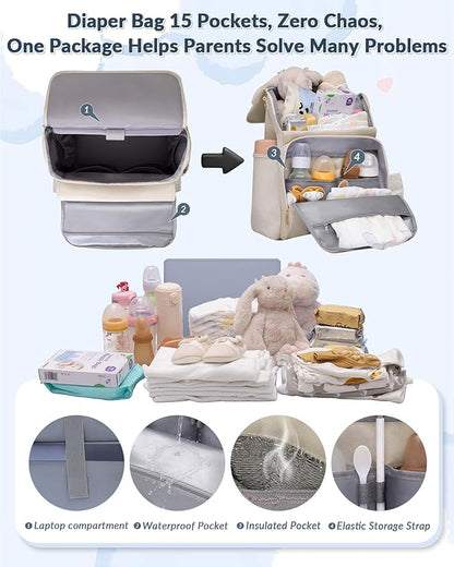 Diaper Bag Backpack, 15 Pockets Baby Bag, Girl Boy Travel Tote Bag with Insulated Pocket, Cute Diaper Bag Stroller Straps, Baby Shower & Registry Gift for Mom Dad Beige