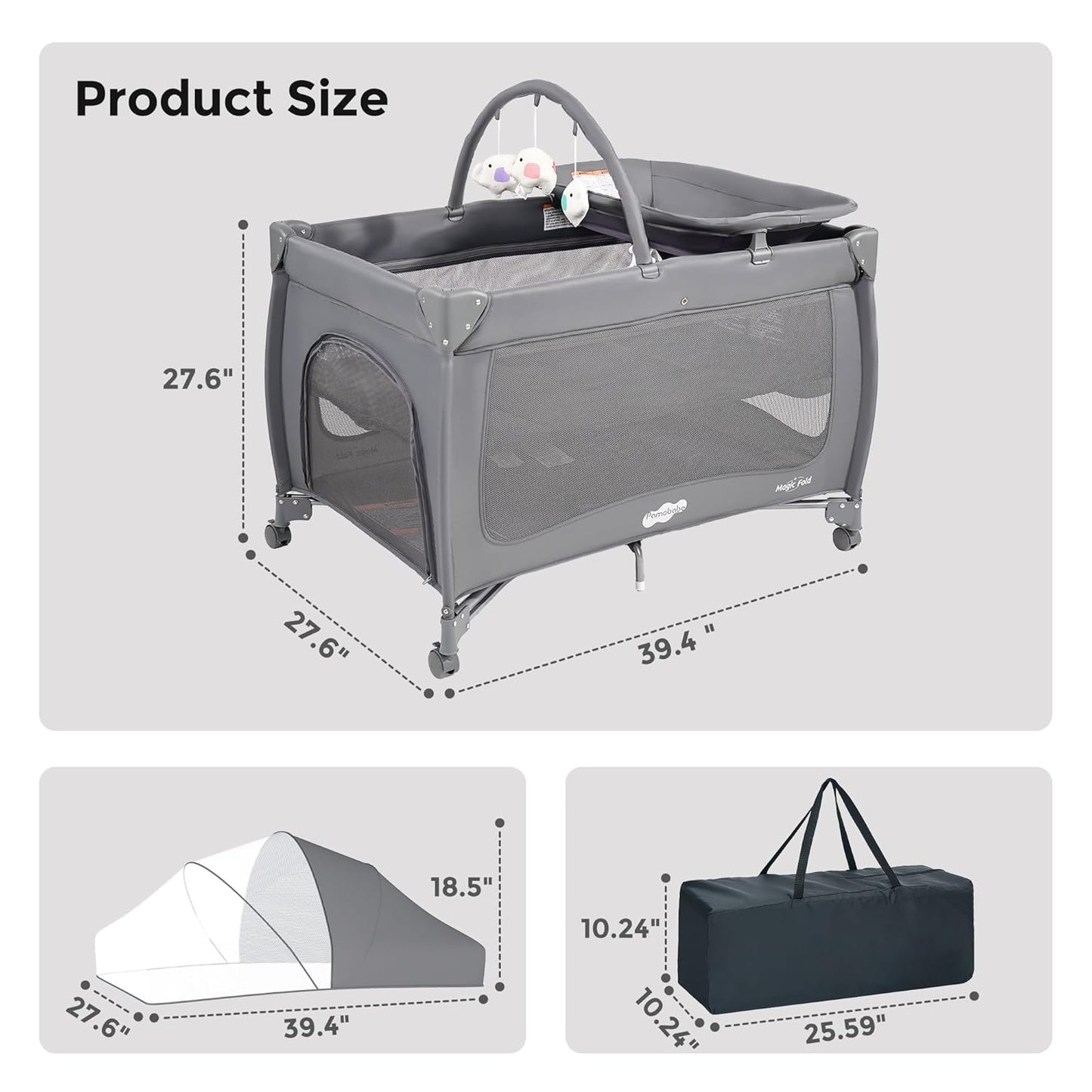 Pamo Babe 7 in 1 Pack and Play with Bassinet, Portable Crib with Mattress, Diaper Changer, Magic Fold™ One-Step Quick Setup Playard, Mosquito Net, Zipper Door, Toy Arch for Newborn to Toddler