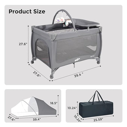 Pamo Babe 7 in 1 Pack and Play, Bassinet, Portable Crib, Diaper Changer, Magic Fold™ Quick Setup Playard with Mattress, Mosquito Net, Zipper Door, Toy Arch for Newborn to Toddler