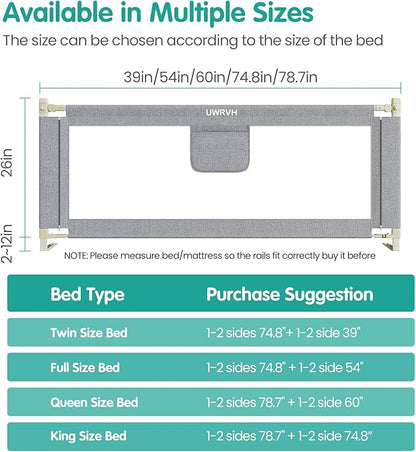 Bed Rails for Toddlers，Toddler Bed Rails，Bed Rail for Baby - Adjustable Height Bed Guard with Child Safety Lock, Universal Fit for King/Full/Twin Beds (Grey, 1 Side 47Inch)