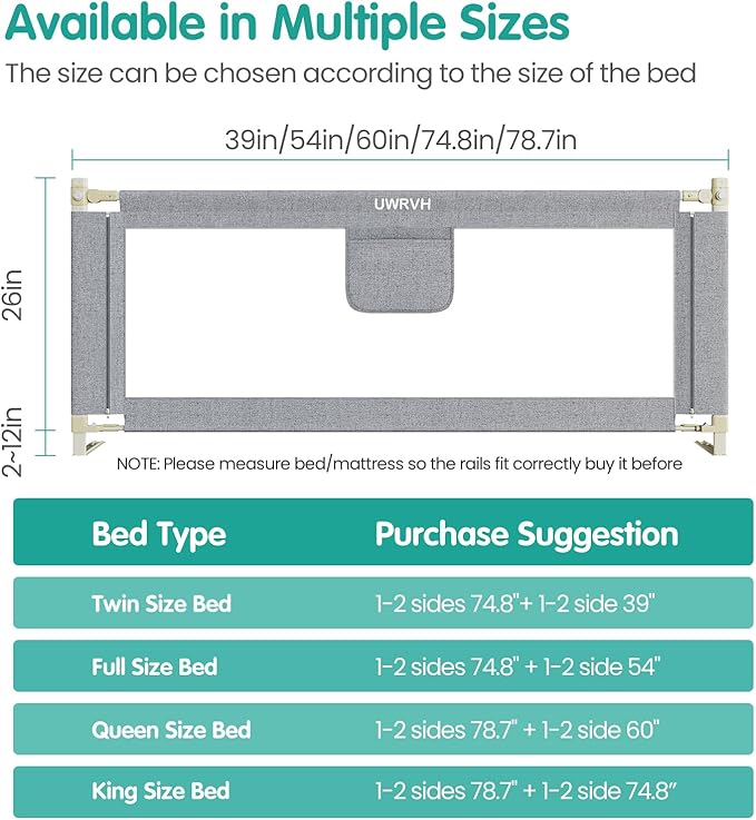 Bed Rails for Toddlers，Toddler Bed Rails，Bed Rail for Baby - Adjustable Height Bed Guard with Child Safety Lock, Universal Fit for King/Full/Twin Beds (Grey, 1 Side 39Inch)