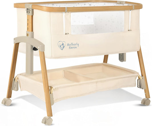 Motherly Haven Baby Bassinet Bedside Sleeper, Portable Crib for Newborns, Adjustable 7-Height Auto-Lock, with Wheels, Soft Mattress & Breathable Mesh (Light Grey)