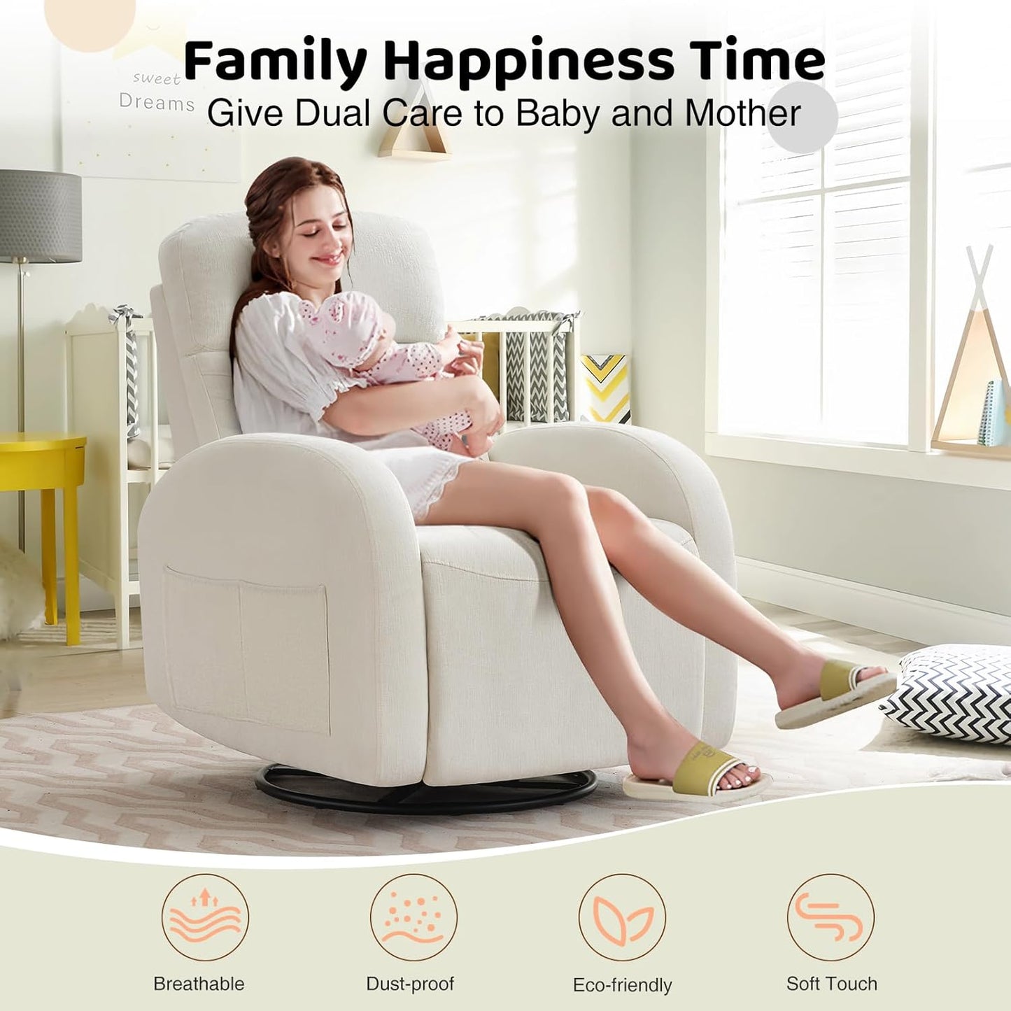 Nursery Glider Recliner, Power Swivel Rocking Recliner with USB & Type-C Port, Swivel Nursering Reclining Rocker with Double Pockets for Living Room, Camel Chenille