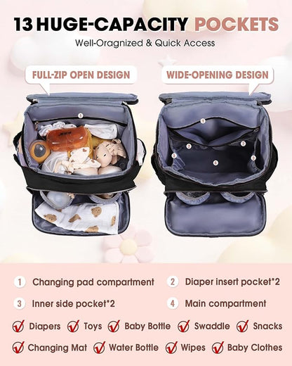 Baby Diaper Bag Backpack, Expandable Baby Bag for Girl Boy, Travel Diaper Backpack with Insulated Pocket, Changing Pad, Quilted Diaper Bag for Mom Dad, Newborn Baby Essentials Must Have Black
