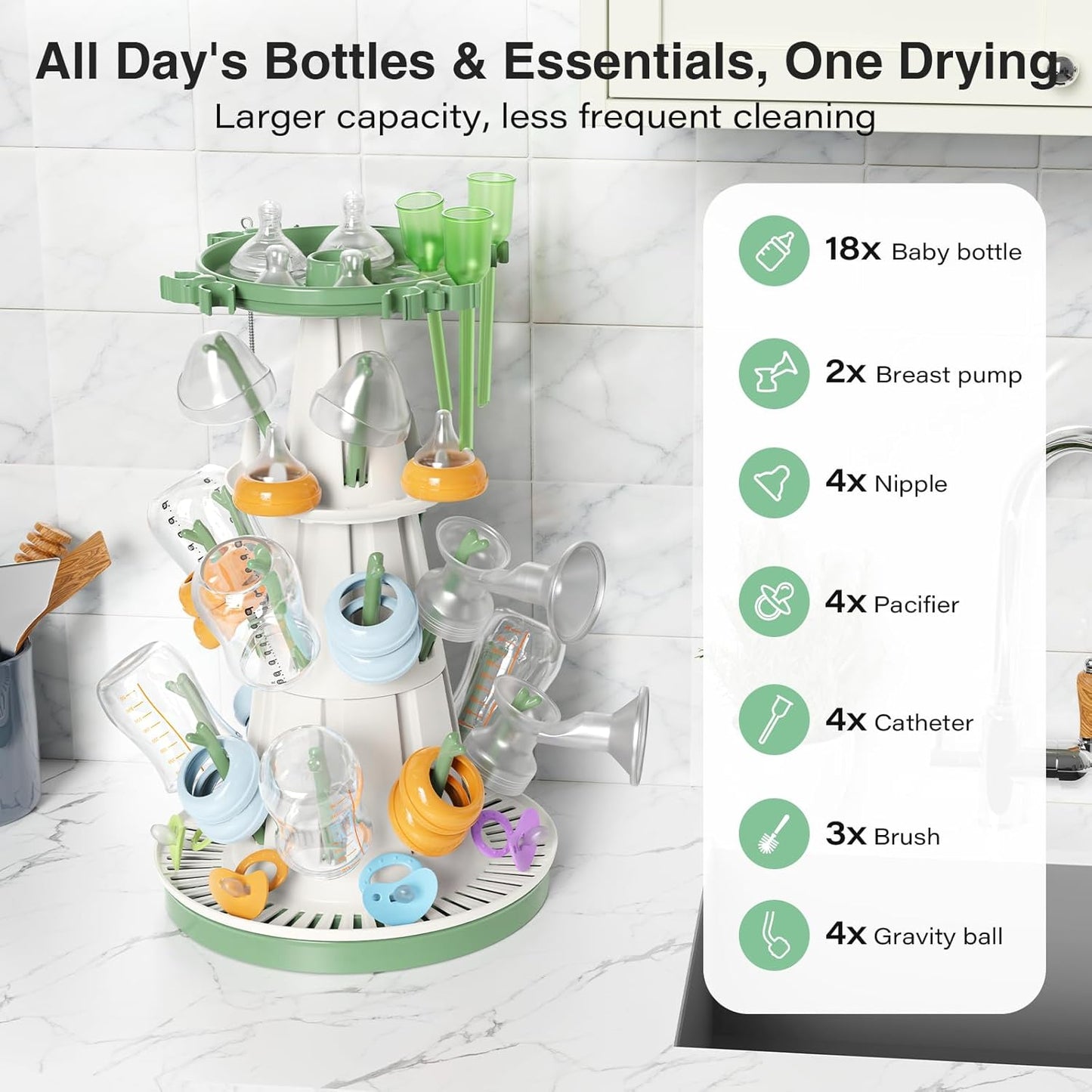 TAZENI Large Baby Bottle Drying Rack with 20 Hooks, Tree-Shaped Space Saving Countertop Bottle Dryer, 360° Air Flow, Non-Slip Stable Base - Baby Bottle Organizer, Newborn Essentials Must Haves
