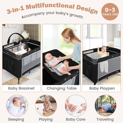 BABY JOY 3 in 1 Pack and Play, Travel Baby Crib Bassinet Bed with Bassinet, Changing Table with Safety Belt, Toy Bar, Lockable Wheels, Portable Baby Playard from Newborn to Toddler