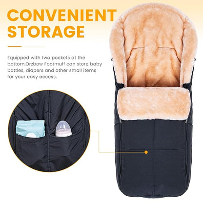 Orzbow Stroller Footmuff Universal | Faux Wool Baby Bunting Bag | Warm, Weather-proof, Adjustable Buckles | Winter Stroller Zipper Blanket Cover | Baby Sleeping Bag for Cold Weather Accessories, Black