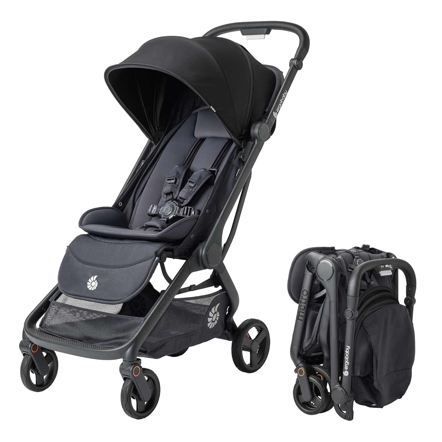 Ergobaby Metro 3 Baby Stroller for Newborns, Infants, and Toddlers - Travel Stroller with One-Hand Fold, Near-Flat Recline, Adjustable Handlebar - Onyx Black