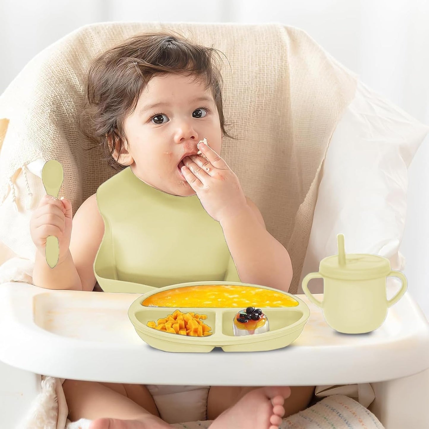 100% Silicone Baby Feeding Set, BPA Free Baby Dishes with Suction Bowl, Divided Plate, Toddler Self Feeding Dish Set with Spoons, Forks, Sippy Cup and Bib, Baby Eating Utensils (Navy Blue)